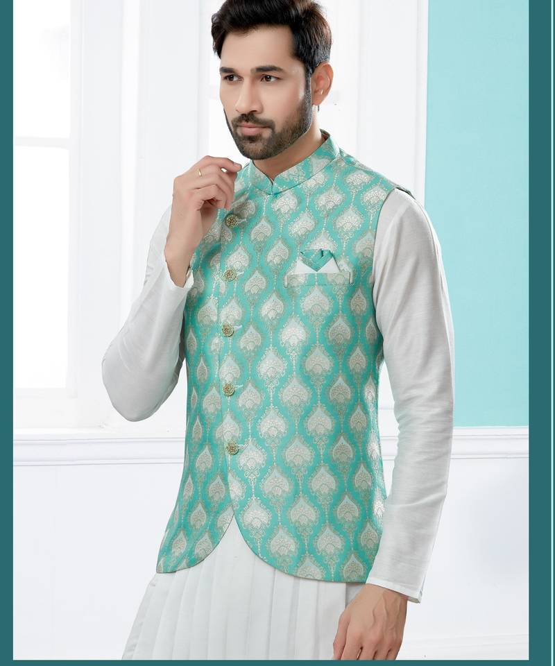 Firozi colour heavy banarasi jacquard jacket kurta pajama set with fancy buttons.