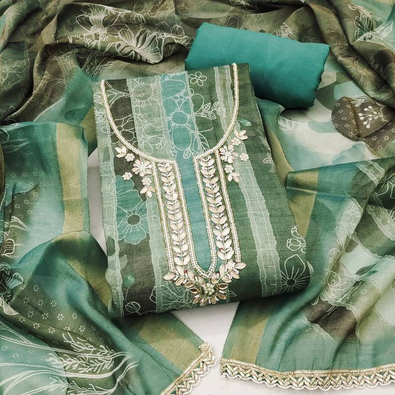 women's multi unstitched cotton linen simmer dress material with printed dupatta