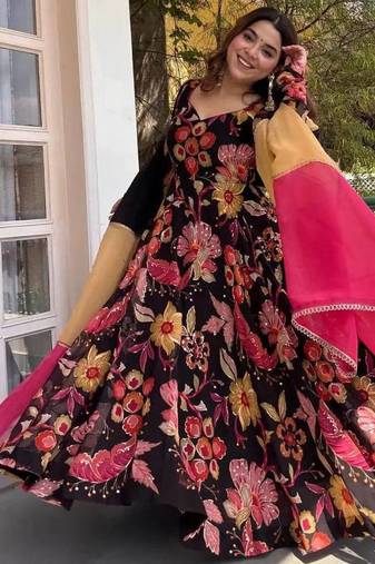 Black natural silk party wear embroidery anarkali suit set