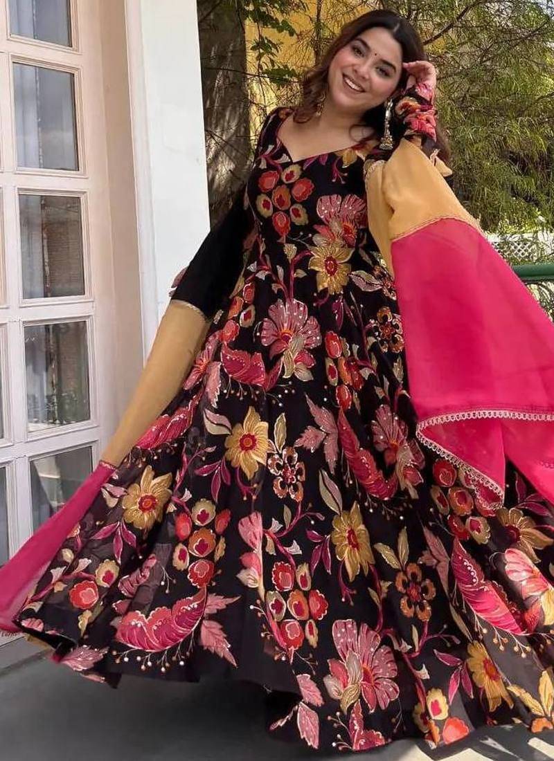 Black natural silk party wear embroidery anarkali suit set