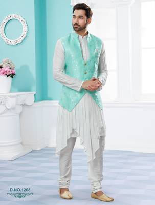 Firozi colour heavy banarasi jacquard jacket kurta pajama set with fancy buttons. 1