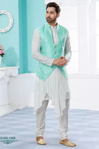 Firozi colour heavy banarasi jacquard jacket kurta pajama set with fancy buttons.