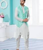 Firozi colour heavy banarasi jacquard jacket kurta pajama set with fancy buttons.