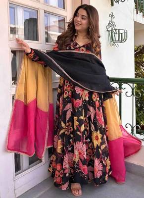 Black natural silk party wear embroidery anarkali suit set 2
