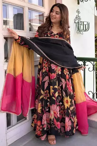 Black natural silk party wear embroidery anarkali suit set