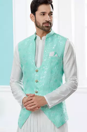 Firozi colour heavy banarasi jacquard jacket kurta pajama set with fancy buttons.