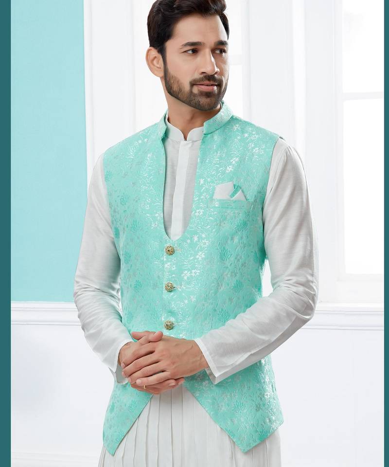 Firozi colour heavy banarasi jacquard jacket kurta pajama set with fancy buttons.