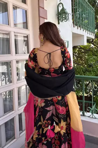 Black natural silk party wear embroidery anarkali suit set