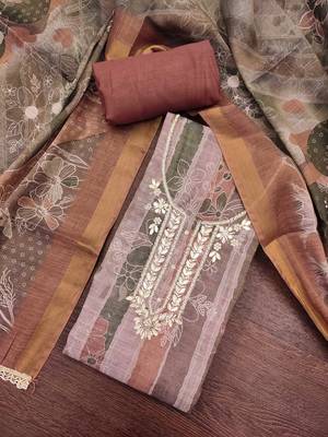 women's multi unstitched cotton linen simmer dress material with printed dupatta 4