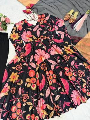 Black natural silk party wear embroidery anarkali suit set 4
