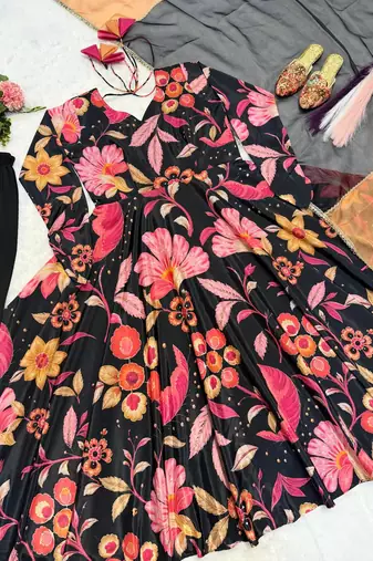 Black natural silk party wear embroidery anarkali suit set