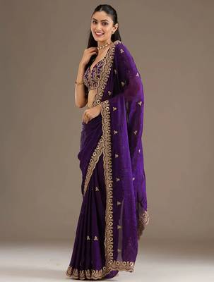Bewitching purple tissue silk zari and sequins embroidered indian latest design bollywood saree 2