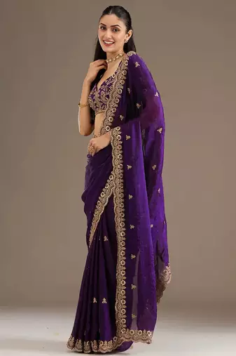 Bewitching purple tissue silk zari and sequins embroidered indian latest design bollywood saree