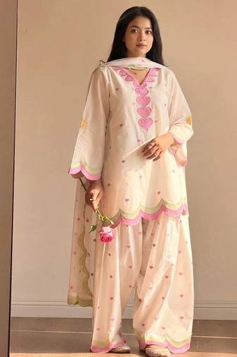 White mal chanderi cotton party wear embroidery farshi salwar suit set