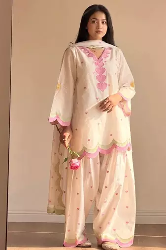 White mal chanderi cotton party wear embroidery farshi salwar suit set