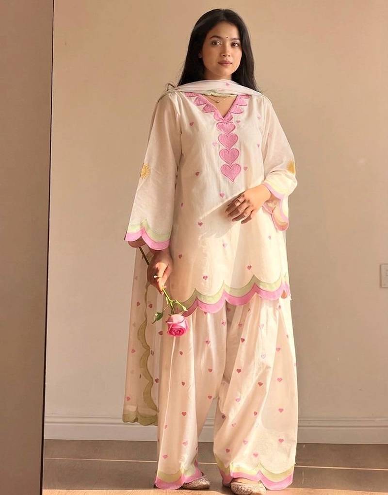 White mal chanderi cotton party wear embroidery farshi salwar suit set