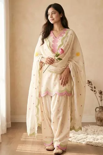White mal chanderi cotton party wear embroidery farshi salwar suit set