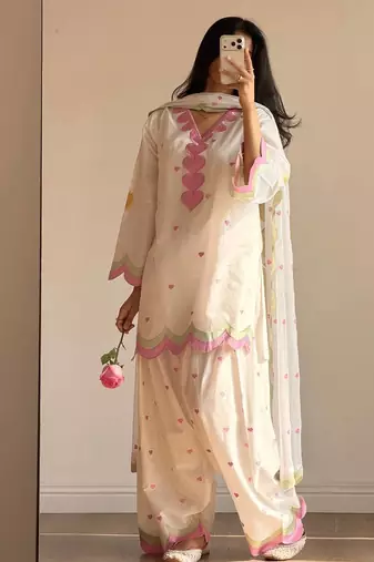 White mal chanderi cotton party wear embroidery farshi salwar suit set