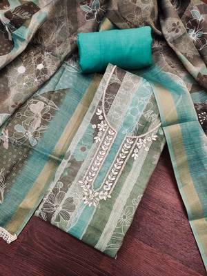 women's multi unstitched cotton linen simmer dress material with printed dupatta 4