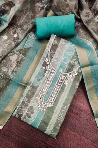women's multi unstitched cotton linen simmer dress material with printed dupatta