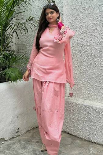 Pink mal chanderi cotton party wear embroidery suit set