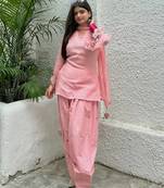 Pink mal chanderi cotton party wear embroidery suit set