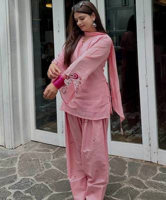 Pink mal chanderi cotton party wear embroidery suit set 2