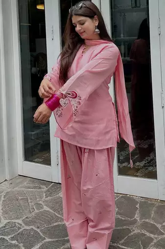 Pink mal chanderi cotton party wear embroidery suit set
