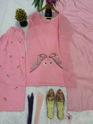Pink mal chanderi cotton party wear embroidery suit set 3