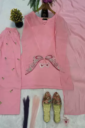 Pink mal chanderi cotton party wear embroidery suit set