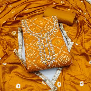 women's mustard unstitched jam cotton dress material with bandhani printed dupatta 1