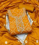 women's mustard unstitched jam cotton dress material with bandhani printed dupatta