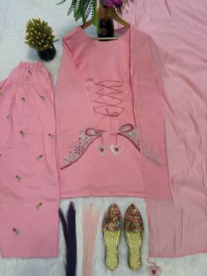 Pink mal chanderi cotton party wear embroidery suit set 4