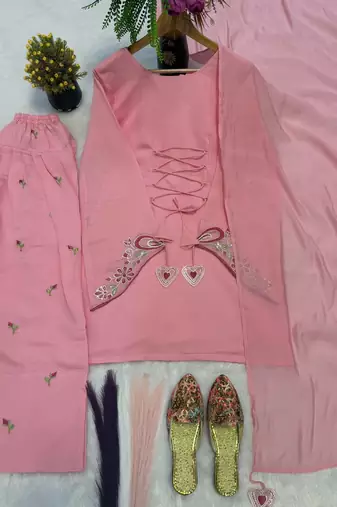 Pink mal chanderi cotton party wear embroidery suit set