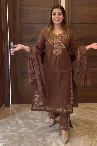 Cofee heavy vichitra silk party wear embroidery suit set