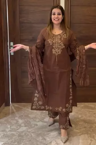 Cofee heavy vichitra silk party wear embroidery suit set