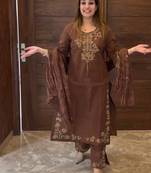 Cofee heavy vichitra silk party wear embroidery suit set
