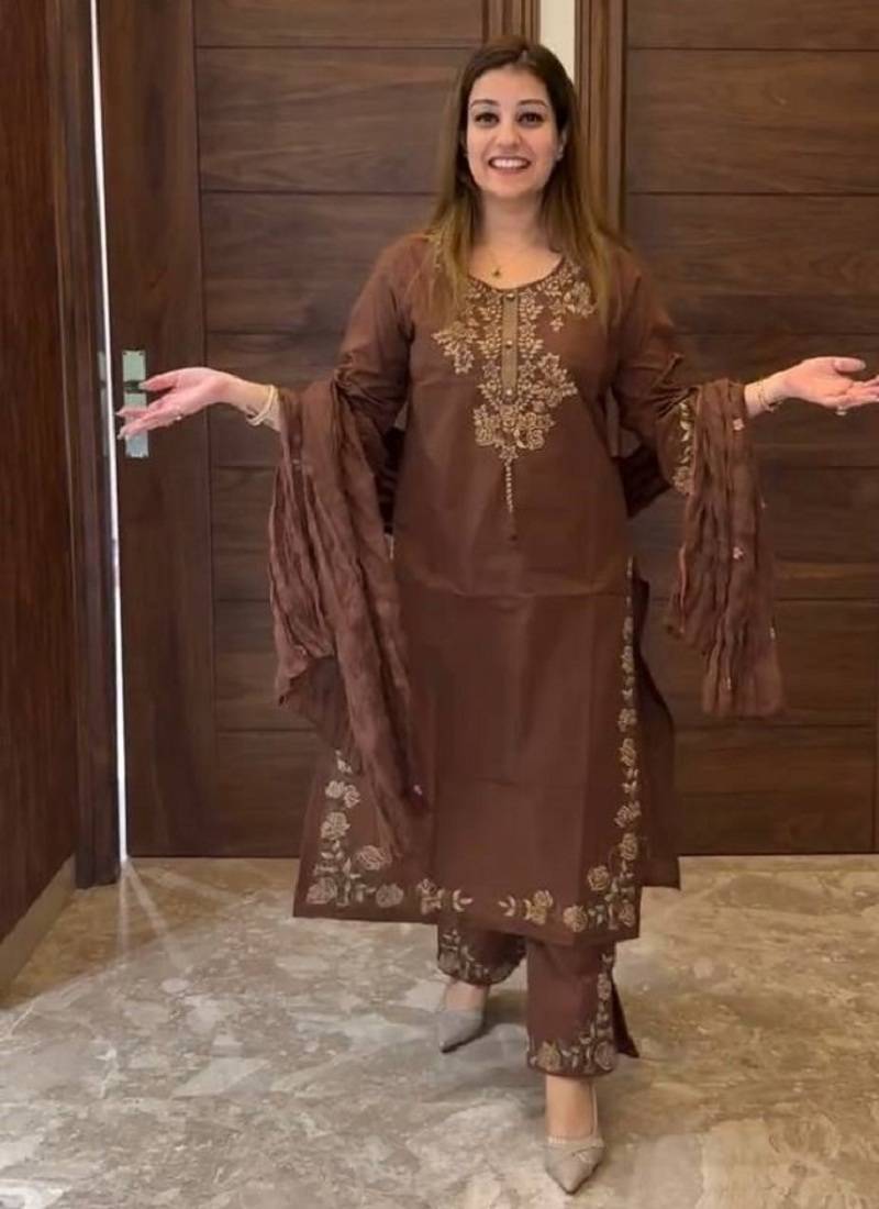 Cofee heavy vichitra silk party wear embroidery suit set
