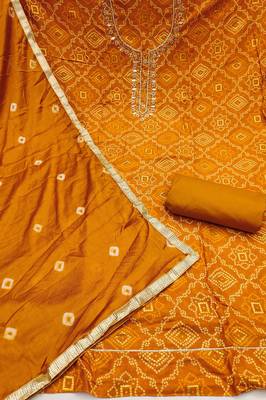 women's mustard unstitched jam cotton dress material with bandhani printed dupatta 2