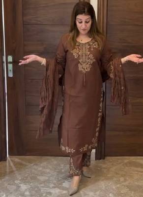Cofee heavy vichitra silk party wear embroidery suit set 2