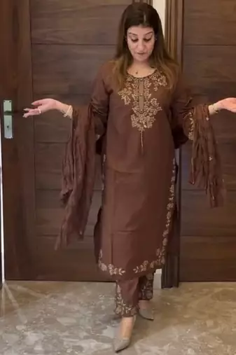 Cofee heavy vichitra silk party wear embroidery suit set
