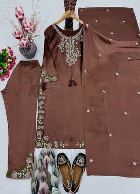 Cofee heavy vichitra silk party wear embroidery suit set 3
