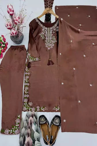 Cofee heavy vichitra silk party wear embroidery suit set
