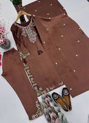 Cofee heavy vichitra silk party wear embroidery suit set 4