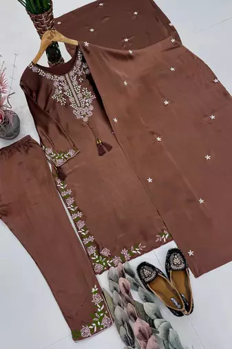 Cofee heavy vichitra silk party wear embroidery suit set