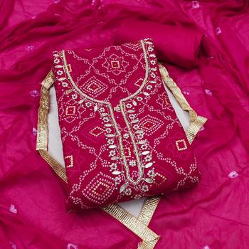 women's magenta unstitched jam cotton dress material with bandhani printed dupatta 1