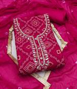 women's magenta unstitched jam cotton dress material with bandhani printed dupatta