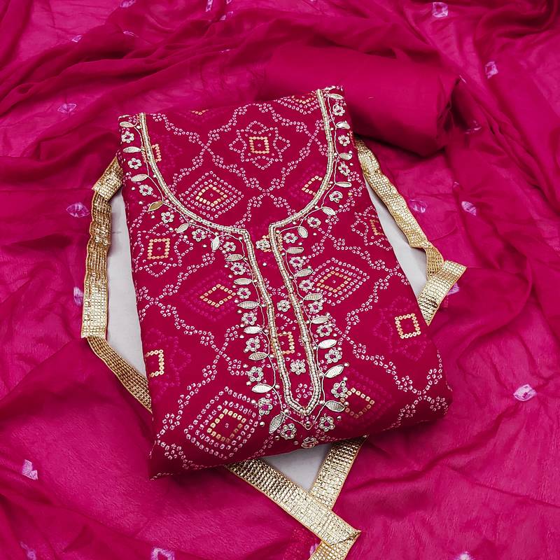 women's magenta unstitched jam cotton dress material with bandhani printed dupatta