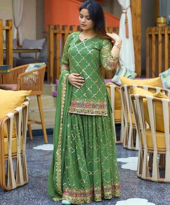 Green chinon silk party wear embroidery sharara suit set 1