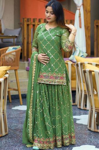 Green chinon silk party wear embroidery sharara suit set